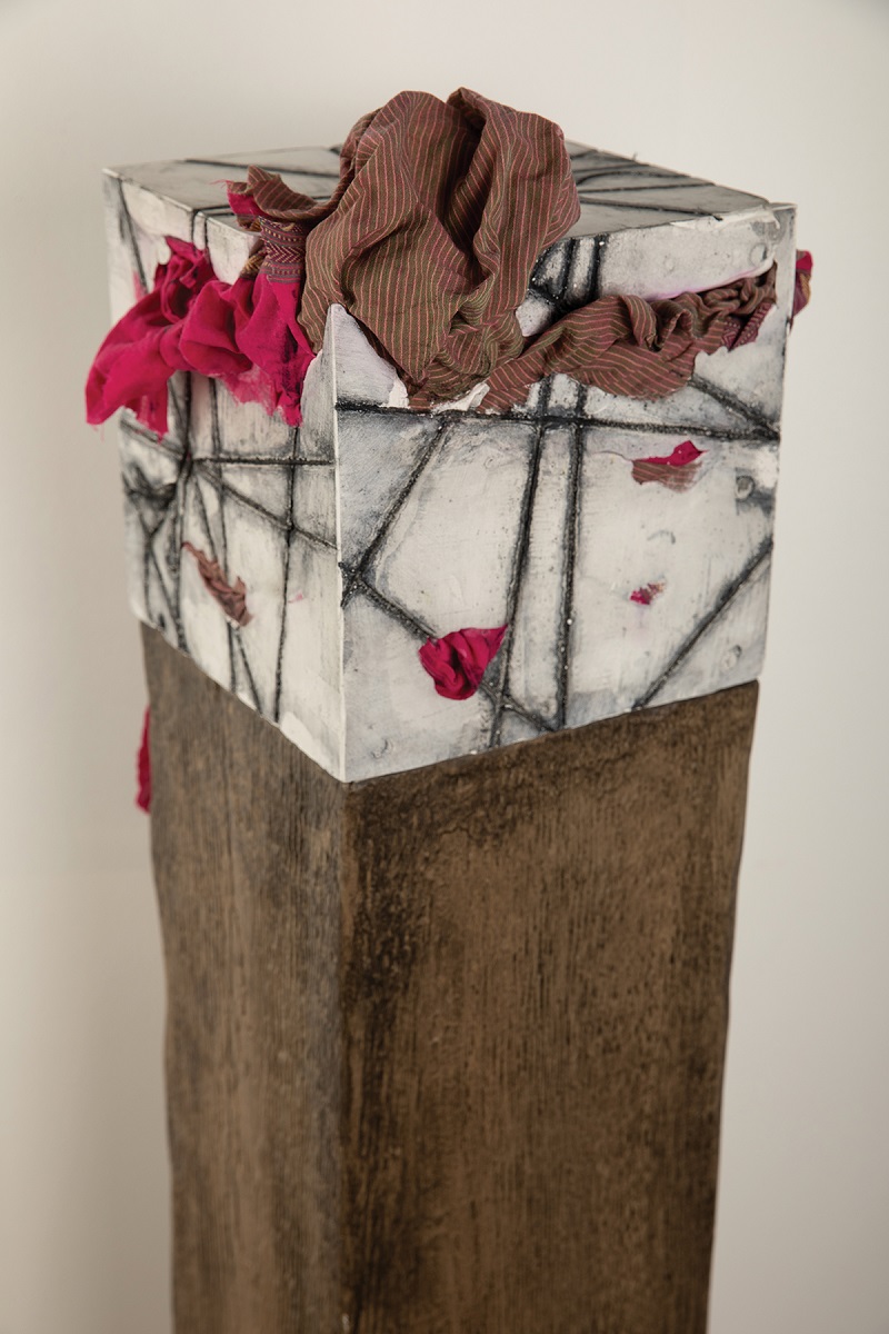 Nirmal Raja, Contained, 2018. Fabric and collographs on plaster casts.