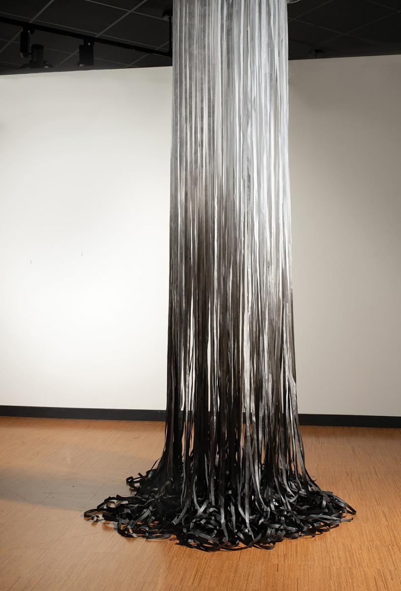 Katherine Steichen Rosing, Prophecy, 2021 India ink on archival Tyvek, pex tubing, wood dowels, h. 132 in., diam. 45 in.