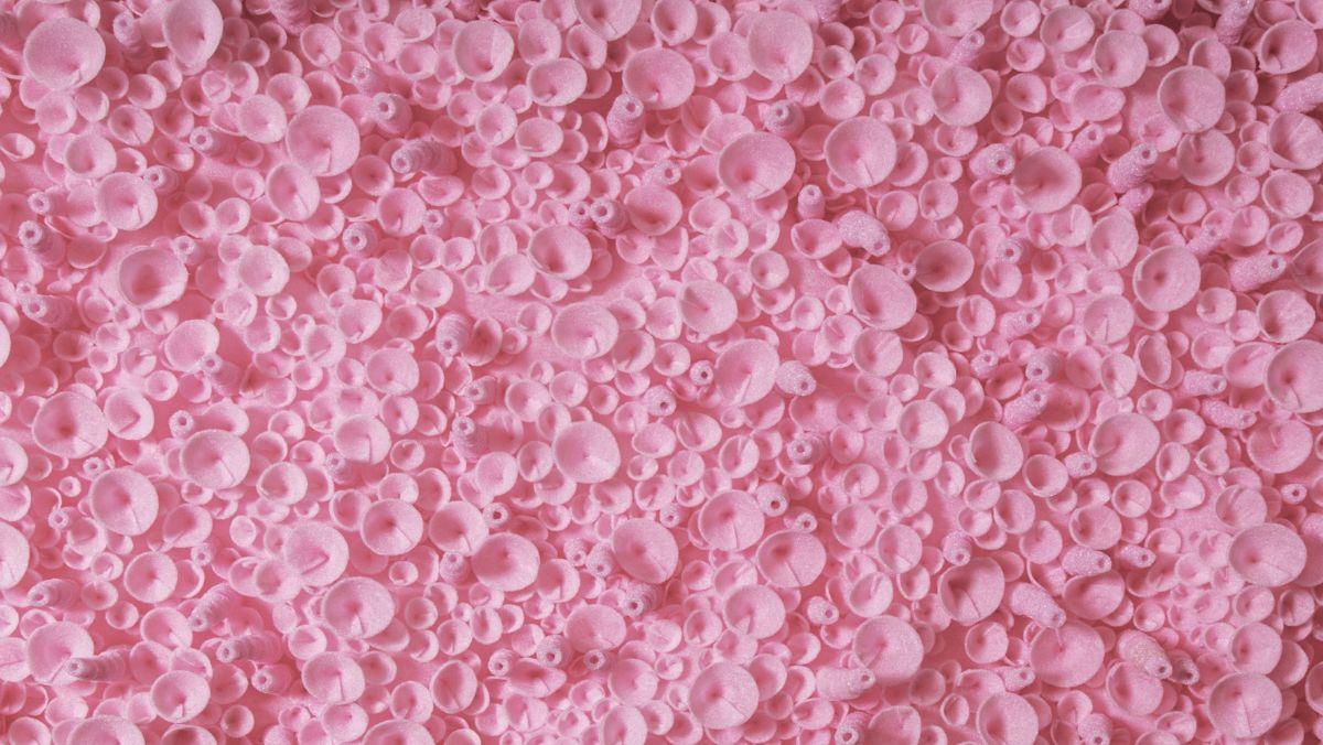 Image of artwork by Maureen Fritchen, [Pink Sheet 3]. Polyethylene foam, diabetic needles h96xw96 d7 2022-2023