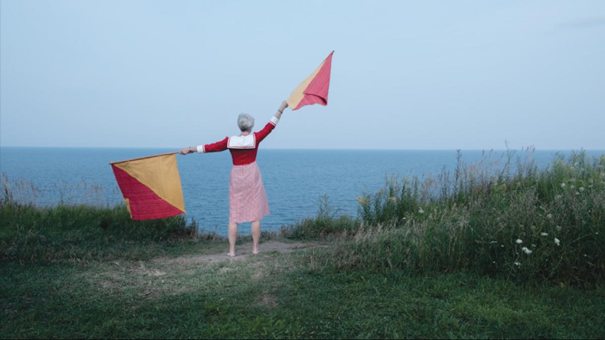 Maggie Sasso, Semaphore-1-Y (from Y.H.W.), 2018. Handwoven cotton, mahogany, photographic documentation, 6 x 5 feet. Photo by Ben Dembroski.