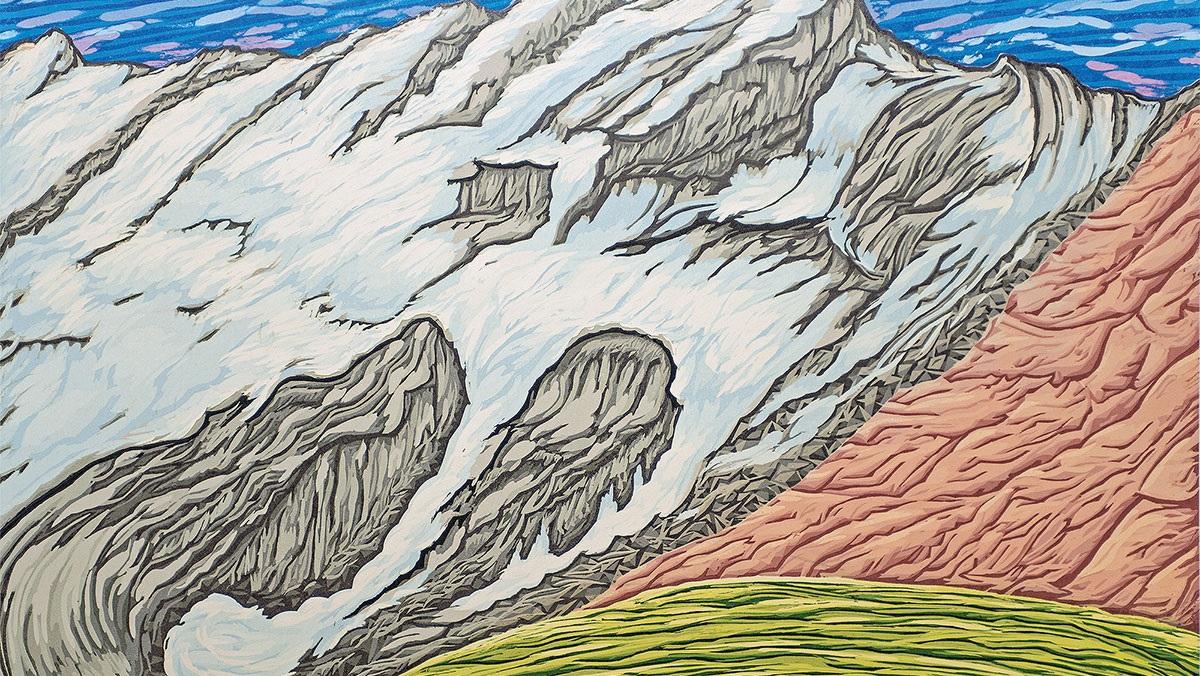 Image: Bruce Crownover, Blackfoot Glacier, 2014. Reductive woodcut, 24 x 36 in. 