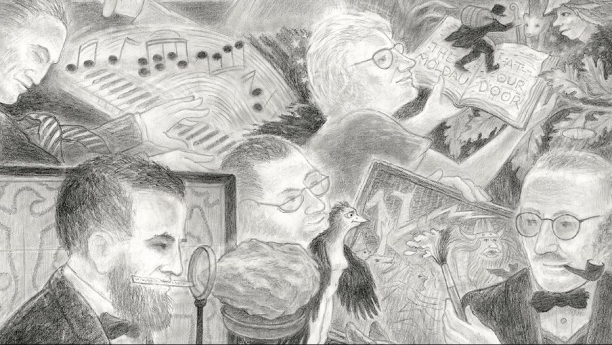 A closeup of Randall Berndt's  illustration created for the Academy's anniversary, "A Select Few: Wisconsin Academy Luminaries," 2020. Graphite on paper, 25 by 23 inches. 