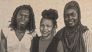 Mary Burns, Donnata Alupot, Marie Claire Dusabe, Diane Umutoni, African Great Lakes. Scientists, 2017–2023. Hand-woven cotton jacquard, 42 x 31 in. (cropped)