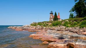 Located on the northern tip of Sand Island, the Gothic-style Sand Island Light was constructed in 1881 from sandstone quarried right at the building site.