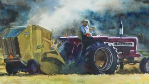 Barbara Kettner, "Baling in August," 2015. Watercolor on paper.