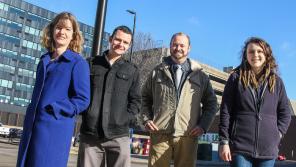 The Barstow & Grand crew: (left to right) poetry editor Kate Hinnant, consulting editor B.J. Hollars, editor Eric Rasmussen, and prose editor Charlotte Kupsh. Photo credit: Andrea Paulseth/Volume One