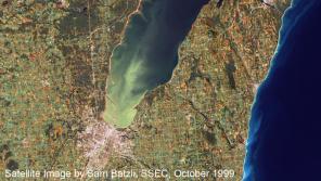 Near true-color image of Green Bay from October 1999, showing the immense scale of the algal bloom in the bay. 