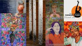 Compilation of exhibiting artists' work with Women Artists Forward Fund logo