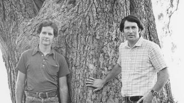 R. Bruce Allison, left, and B. Wolfgang Hoffmann pose in front of the massive trunk of a tree in 1979. Allison and Hoffmann collaborated as author and photographer, respectively, on the book Wisconsin’s Champion Trees.