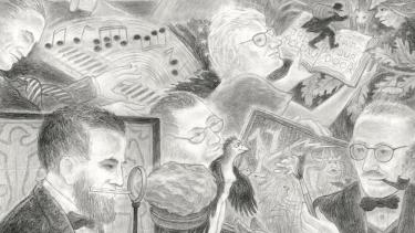 A closeup of Randall Berndt's  illustration created for the Academy's anniversary, "A Select Few: Wisconsin Academy Luminaries," 2020. Graphite on paper, 25 by 23 inches. 